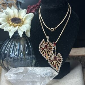 Phyllis 12k Gold and Red Rhinestone Pendant Leaf Necklace Brooch